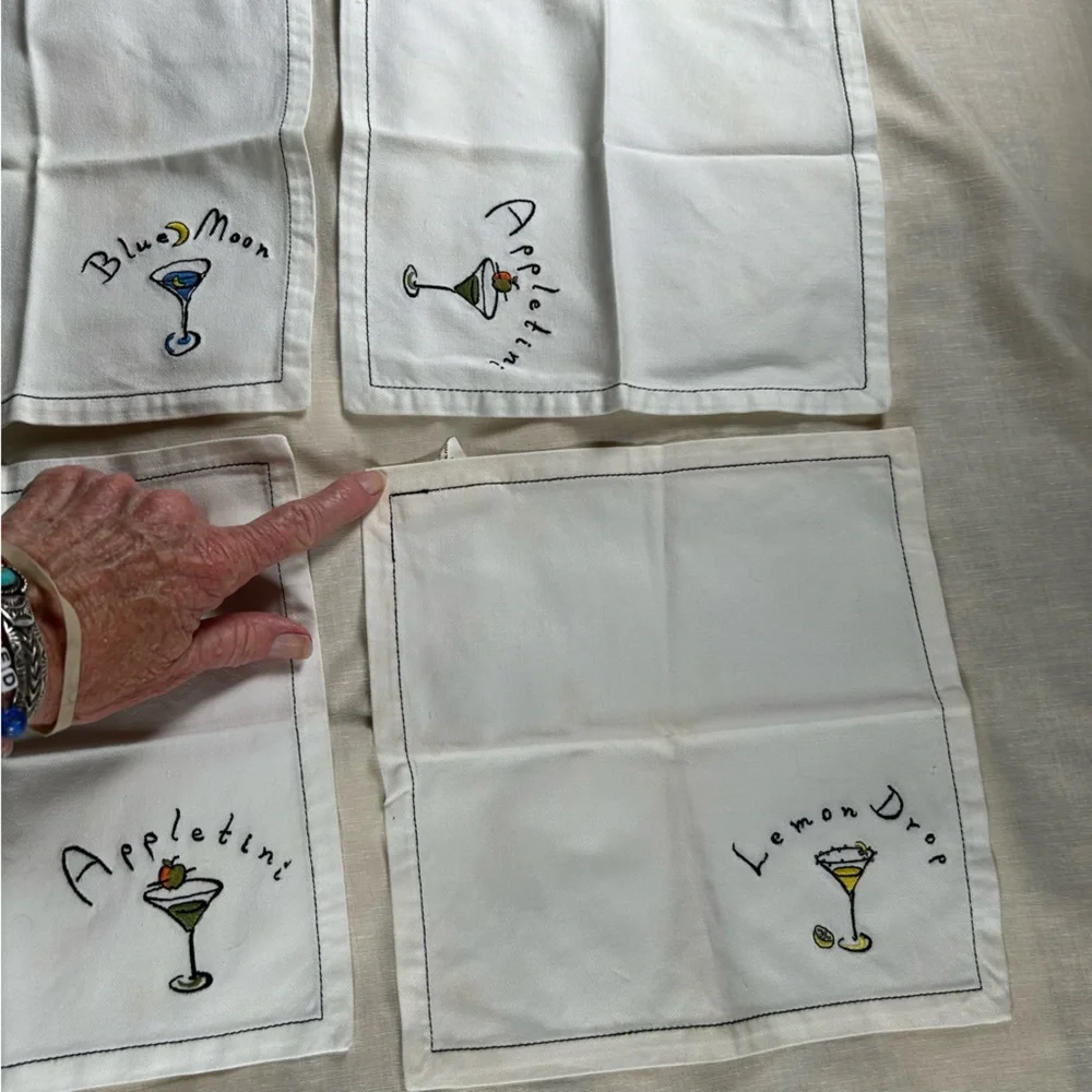 5 Pottery Barn Martini 9 1/2 X 9 1/2 in embroidered cloth napkins